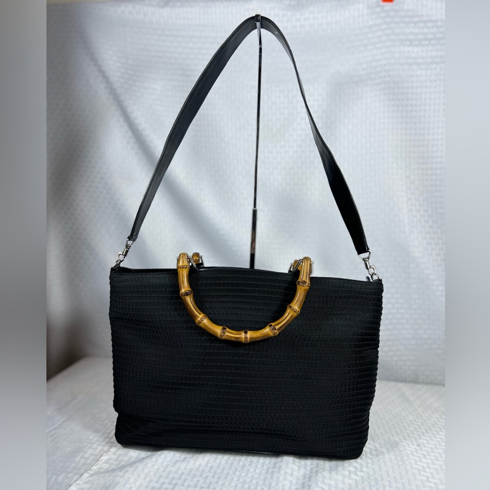 3180: Gucci Bamboo Handle Shoulder Tote Black Woven Nylon Vintage - Picture 3 of 11